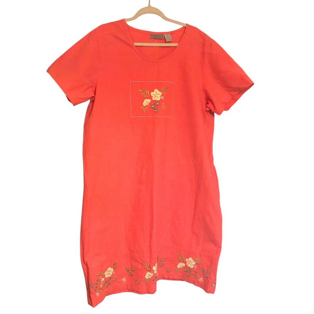 Jane Ashley Woman Coral Cotton Embroidered Floral Shift Dress Size 3X Summer